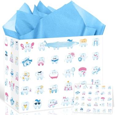 Imagem de Sacola de presente para decoração de festa de dente com desenho animado de primeiro dente com cartão de felicitações para o primeiro dente de fada do bebê, festa de aniversário, chá de bebê, decoração