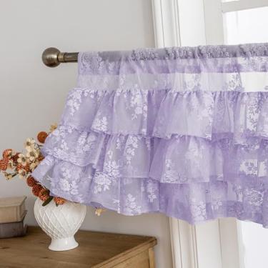 Imagem de Saia de renda roxa clara com babados para janela 1 painel L 130 x C 45,7 cm, rústico, floral, transparente, para meninas, quarto, banheiro, bolso para varão, privacidade, vintage, curta, com babados