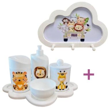 Imagem de Kit Higiene Bebê Safari Leão, girafa e tigre + Cabideiro Infantil Nuve