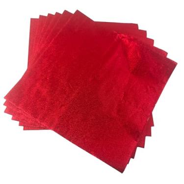 Imagem de pson 100 peças de papel alumínio de 15 x 15 cm, papéis coloridos quadrados de alumínio para embalagens de doces DIY, lembrancinhas de festa e decorações de férias (vermelho)