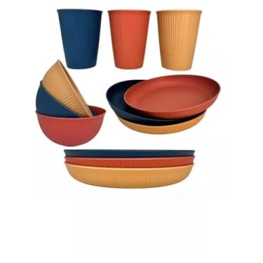 Imagem de Jogo de Jantar 3 Peças em Fibra de Bambu e PP – Prato Fundo, Bowl e Copo 300ml | Sustentável, Leve e Resistente – Uso Diário, Micro-ondas e Lava-Louças(KIT 12 PEÇAS)