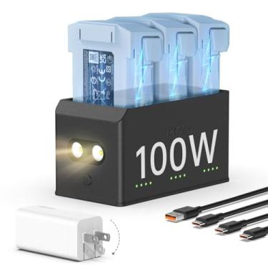 Imagem de LKTOP Hub de carregamento de bateria Mini 5/4/3 Pro de 100 W com carregador rápido de 65 W para DJI Mini série 5/4/3, acessórios para drone SKYROVER X1, com modo SOS de luzes de armazenamento (carga
