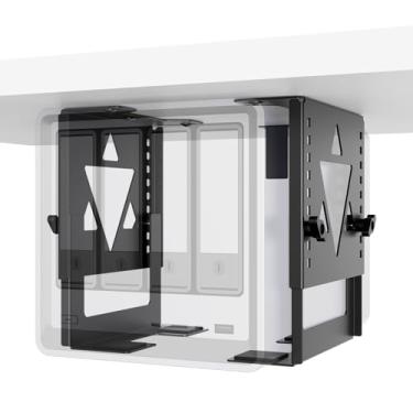 Imagem de PUTORSEN Suporte de montagem NAS embaixo da mesa, suporte de CPU ajustável em altura e largura para computador Mac mini, mini PC, torre de mesa com fator de forma pequeno