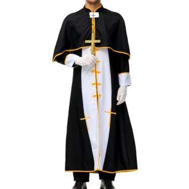 Imagem de EHSUYAB Fantasia de padre masculina, 3 peças, roupão com capa, luvas e cruz, cosplay pastor roupas de Halloween preto médio