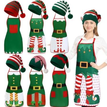 Imagem de Cotwinter 12 Pcs Christmas Elf Aprons and Knitted Hats Set, Elf Costume Party Christmas Fabric Apron Hats for Women Adults Kitchen Baking