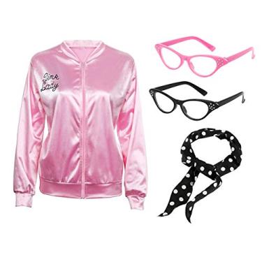 Imagem de Jaqueta de cetim rosa 50S com cachecol de bolinhas, óculos de gato, feminino, meninas, Adult, Medium
