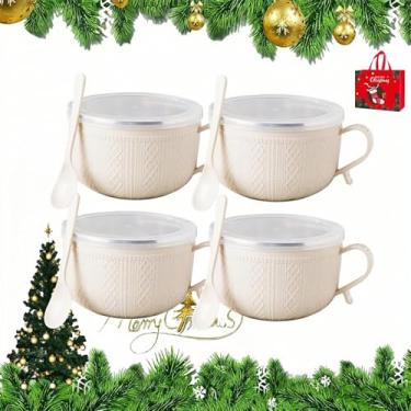 Imagem de Caneca isolada de parede dupla de 740 ml com tampa – Novo conjunto de 4 tigelas de aço inoxidável resistentes ao calor para café/sopa/ensopados | Presente de preparação de refeição de Natal | Seguro