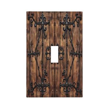 Imagem de BHGAHD Capa decorativa de placa de interruptor com porta de celeiro de madeira marrom vintage com design de ferragens de bronze antigo, placa de parede de 1 gangue, capas de interruptor de luz de