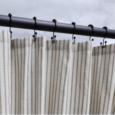 Imagem de CasaTena Cortina de chuveiro listrada Farmhouse - 182 x 182 cm, tecido de mistura de linho, respirável e lavável na máquina, bege rústico para decoração de banheiro (ganchos/forro não incluídos)