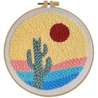 Imagem de Esffaci Kit de agulhas de perfuração para adultos, kit de bordado para iniciantes com cacto vermelho sol deserto cenário padrão faça você mesmo suprimentos de ponto de perfuração com fio de tecido