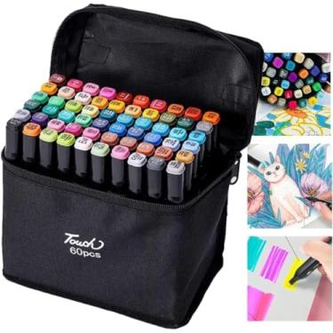 Imagem de Kit de 60 Canetas para Colorir Marcador Permanente Ponta Dupla Touch Coloridas para Desenho Profissional Escolar Infantil com Estojo Organizador