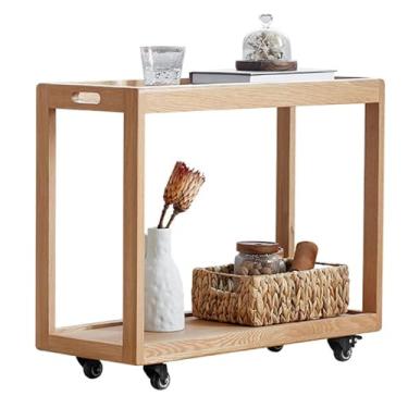 Imagem de Mesa lateral de sofá, mesa lateral sobre rodas, mesa de centro pequena de madeira de 2 camadas com bandeja de vidro, mesa de canto moderna, bandeja de lanche de carvalho, prateleira de armazenamento
