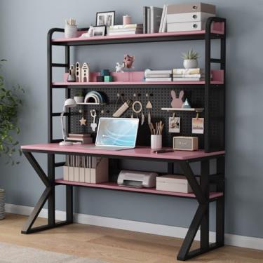 Imagem de ZDJZMGZ Mesa de computador de madeira maciça, com prateleiras de armazenamento, quadro de pegboard, grande mesa de escrita moderna, para estudo de escritório em casa, design resistente