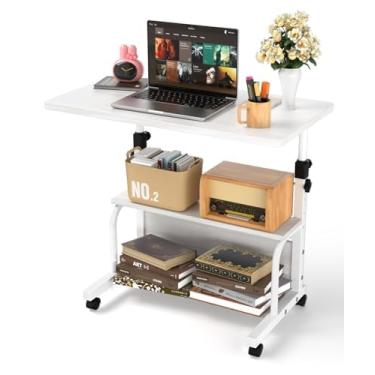 Imagem de QZMDSM Mesa portátil com rodas pequena mesa de pé sobre rodas mesas giratórias de altura ajustável para espaços pequenos, mesas de computador de 81 cm com prateleiras de armazenamento para estudo de