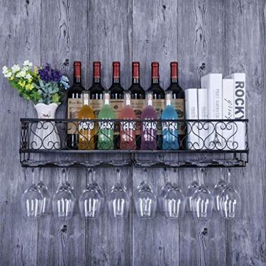 Imagem de Prateleiras de vinho de parede pretas retrô industriais, suporte de parede para garrafa de vinho, prateleira de vinho de cabeça para baixo, suporte de taça de vinho de cabeça para baixo, prateleira de