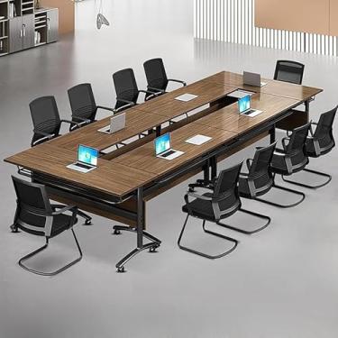 Imagem de Mesa de conferência dobrável com rodas trancáveis, mesa móvel de nogueira, mesa de reunião, 2 mesas de sala de treinamento para 10 pessoas, escritório, casa, sala de aula, seminário (pacote com 6, 160