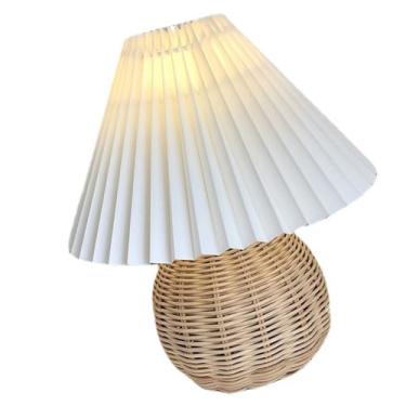 Imagem de Lâmpada de Mesa Pequena Cabeceira Estilo Vintage Estética Rattan Plissada para Quarto Sala Estar Lateral Estudo Escritório Iluminação Suave Decorativa