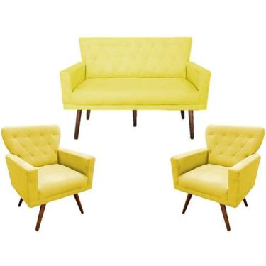 Imagem de Kit Namoradeira + 2 Poltronas Decorativa Aurora Suede Amarelo Pés Made