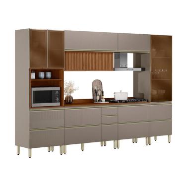 Imagem de Armário de Cozinha Compacta com Vidro Reflecta Proença Ripado 8 Portas 9 Gavetas Nude e Nogueira