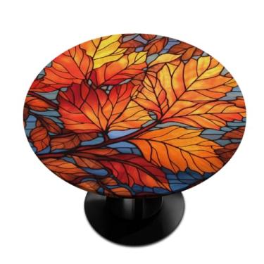 Imagem de hongjinglin Toalha de mesa redonda com borda elástica folhas de vidro de outono, toalha de mesa redonda para decoração de cozinha de 101 a 111 cm