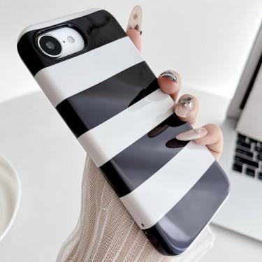 Imagem de HYUEKOKO Capa de telefone com listras horizontais para iPhone 16e, linda moda retrô listrada padrão de linha, capa estética, TPU macio e fino e policarbonato rígido à prova de choque para meninas