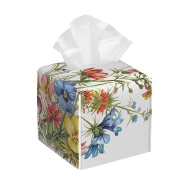 Imagem de Porta-lenços de couro quadrado à prova d'água flor fresca borboleta organizador de papel facial com cinto inferior cubo estojo de lenços para mesa, banheiro, escritório, mesa, carro, decorativo