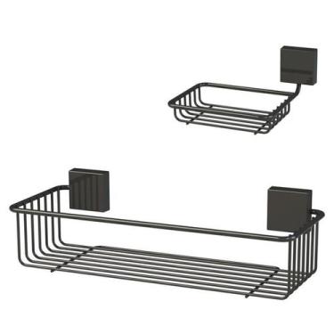 Imagem de Kit Banheiro Suporte Shampoo + Porta Sabonete Parede Preto Nero - Futu