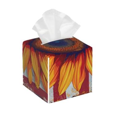 Imagem de Porta-lenços de couro quadrado à prova d'água bandeira de girassol flor organizador de papel facial com cinto inferior cubo estojo de lenços para mesa banheiro escritório mesa carro decorativo