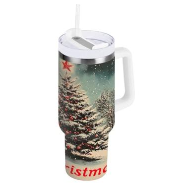 Imagem de Blueangle Copo vintage para árvore de Natal de 1,134 g com alça e tampa de palha, copo isolado, reutilizável, garrafa de água de aço inoxidável, caneca de viagem (806)