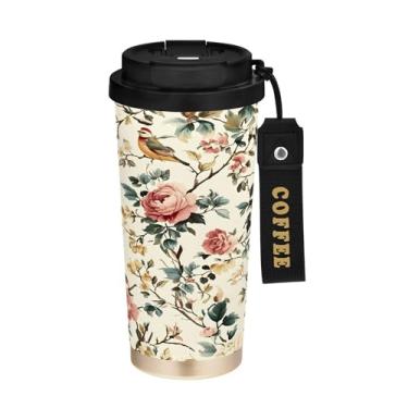 Imagem de SEHANY Caneca de café de viagem Flores e pássaros de 482 g com tampa revestida de cerâmica e à prova de vazamento, parede dupla, copo de aço inoxidável isolado a vácuo para bebidas quentes e frias