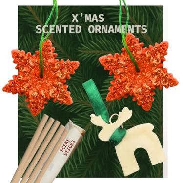 Imagem de Palitos de aroma de árvore de Natal de pinheiro - 20 incenso + 3 enfeites de cera derretidos em formato de estrelas de Natal e rena (aroma de vinho quente) | Decorações de Natal perfumadas para