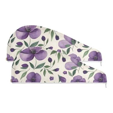 Imagem de SEHANY Toalha de cabelo de microfibra elegante flores roxas para mulheres 2 peças turbantes de cabelo de secagem rápida com botão, touca de cabelo seco absorvente toalha de secagem de cabelo para