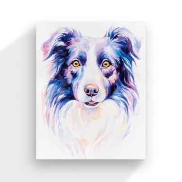 Imagem de quadro canvas border collie arte aquarela tons azul rosa decoracao parede 50x40 cm pet impressão em tela moderna moldura elegante 1045QC1-50X40