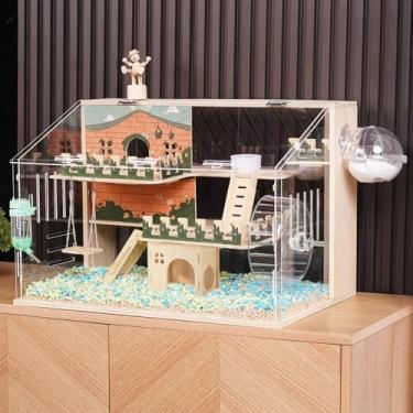 Imagem de Gaiola grande de madeira para hamster 12 em 1 com todos os acessórios, gaiola de hamster anão de 3 camadas de acrílico, estilo pastoral para ratos de estimação, ouriço, com escadas, cercas e casa