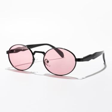 Imagem de Óculos de sol ovais modernos para mulheres e homens, lentes de ponte de metal retrô, óculos de sol clássicos para dirigir na praia, viagens, uso diário ao ar livre, Armação preta/lente rosa, Lens