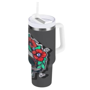 Imagem de STAYTOP Lindo copo de caveira de açúcar de 850 g com tampa e canudo, copo isolado de aço inoxidável durável à prova de vazamento com alça, garrafas de água à prova de derramamento para viagens