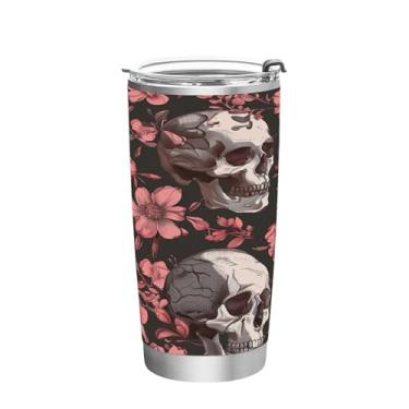 Imagem de Wassud Copo de caveira e flores com tampa e canudo de aço inoxidável de parede dupla copo isolado copo de viagem caneca de café para bebidas frias e quentes 590 ml