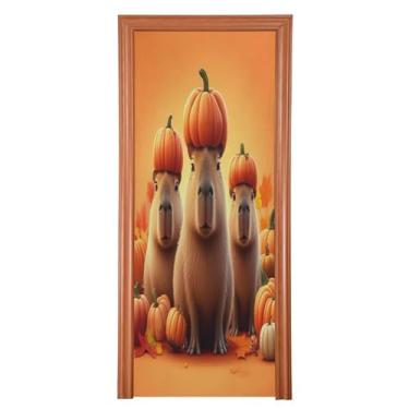 Imagem de Qilmy Decoração de capa de porta 91 x 248 cm tecido grande placa de decoração de festa de Halloween para porta da frente Halloween capivara varanda decoração externa janela parede 94
