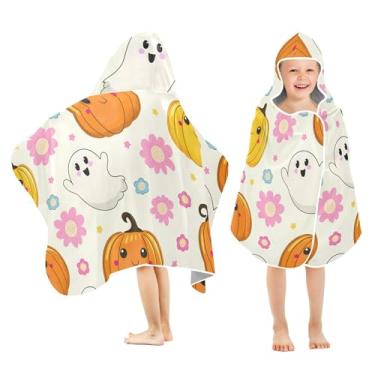 Imagem de Burbuja Toalha de banho com capuz Pumpkins Boo Flowers para crianças, toalha de praia de pelúcia macia absorvente para meninas e meninos 3-10 anos, 61 x 127 cm