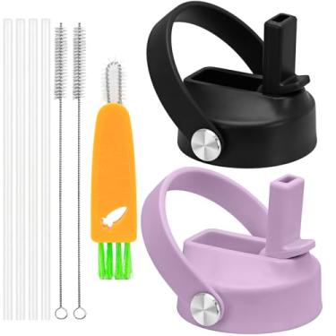 Imagem de XccMe Tampa de canudo para Hydro Flask boca larga, pacote com 2 tampas com canudo para Hydroflask 12 16 18 20 32 1,134 g boca larga, tampa à prova de vazamento com alça flexível, tampa de garrafa