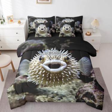 Imagem de Erosebridal Jogo de cama Underwater World Queen com 7 peças, fofo, baiacu, para crianças, meninos, meninas, oceano, animal, decoração de quarto