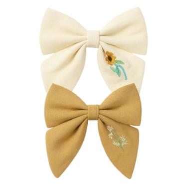 Imagem de Laço de Cabelo Infantil Bordado com Flores | Kit 2 Presilhas Bico de Pato para Meninas | Tecido Linho | 10 cm x 8 cm | Parzinho de Laços | Duplinha de Laços Festa Escola