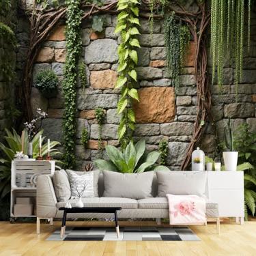 Imagem de Murais de parede de tamanho personalizado, parede de pedra rústica de jardim cinza tijolos laranja tecido de parede autoadesivo (sem PVC) papel de parede grande removível para sala de estar, quarto