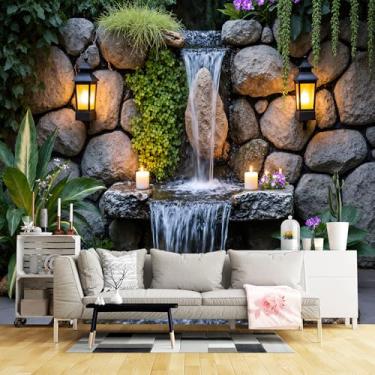 Imagem de Murais de parede de tamanho personalizado, pedra natural cascata cascata lanternas iluminadas verde tecido de parede autoadesivo (sem PVC) papel de parede grande removível para jardim, pátio, sala de
