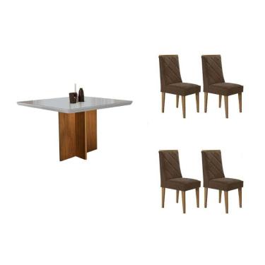 Imagem de Sala Jantar Mesa Berlim Tampo c/ Vidro Curvo 90cm+4 Cadeiras Pietá Madeira Naturale/Off White - Capuccino/Linho Capuccino - Rufato