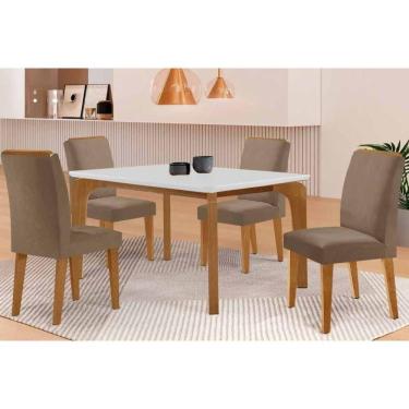 Imagem de Sala Jantar Mesa Londrina Tampo c/ Vidro Curvo 120cm 4 Cadeiras Dakota Madeira Naturale/Off White - Capuccino/Suede Capuccino - Rufato