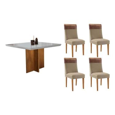Imagem de Sala Jantar Mesa Berlim Tampo c/ Vidro Curvo 90cm+4 Cadeiras Jaspe Madeira Naturale/Off White - Capuccino/Linho Bege - Rufato