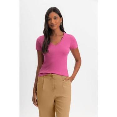 Imagem de Blusa Gola V Feminina Em Malha Essendi Rosa Médio-Feminino
