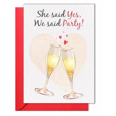 Imagem de Cartão engraçado para chá de panela - Cheers to the Bride to Be & She Said Yes We Said Party Gift - Dobrado 12,7 cm x 17,8 cm com envelope vermelho e adesivo, cartolina de 350 g/m²,