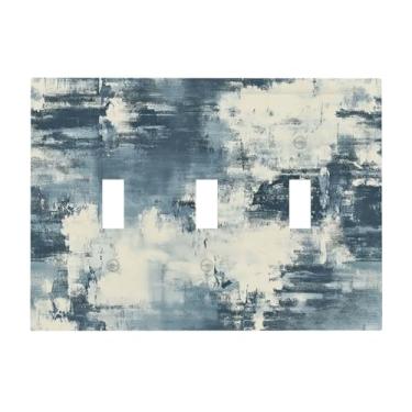 Imagem de Naiqadnehz Placa decorativa para interruptor de luz, padrão abstrato de tinta azul e branca, placa de parede de 3 grupos, capa de tomada elétrica para sala de estar, decoração de casa